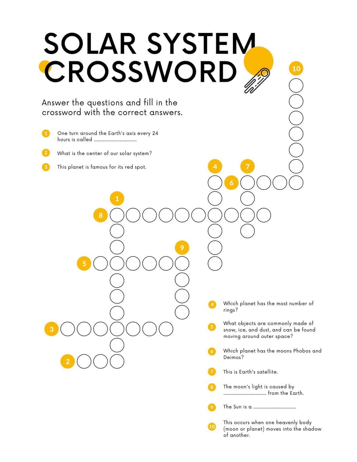 Bi-color Solar System Crossword Puzzle Printable Worksheet